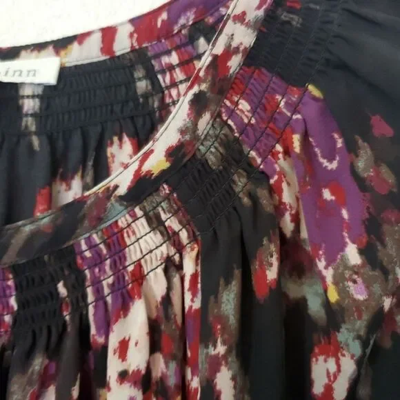 Daniel Rainn Top Long Sleeves Neckline‎ Tie Accent Chiffon Black Abstract Sz L - Picture 7 of 13